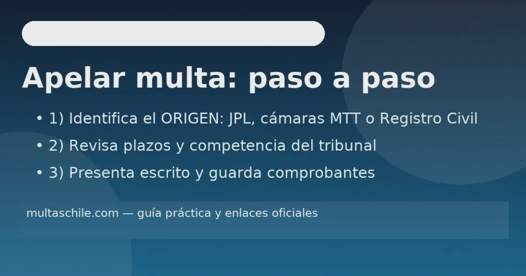 Apelar multa en Estación Central: paso a paso para identificar el origen (JPL, cámaras MTT, Registro Civil), revisar plazos y presentar el escrito con comprobantes.” (Enfoque: guía general con los 3 pasos clave + mención a JPL/MTT/Registro Civil; coherente con las rutas oficiales de consulta de causas locales, búsqueda Poder Judicial y RMTNP del Registro Civil