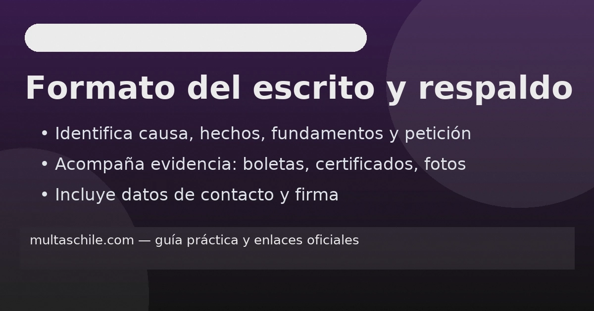 Formato de escrito para apelar multa: identificación de la causa, hechos, fundamentos y petición; adjuntar evidencia y datos de contacto.”(Enfoque: “formato de escrito/recursos JPL” + “fundamentos/petición” + “adjuntos”, alineado con guías de tramitación oficial)