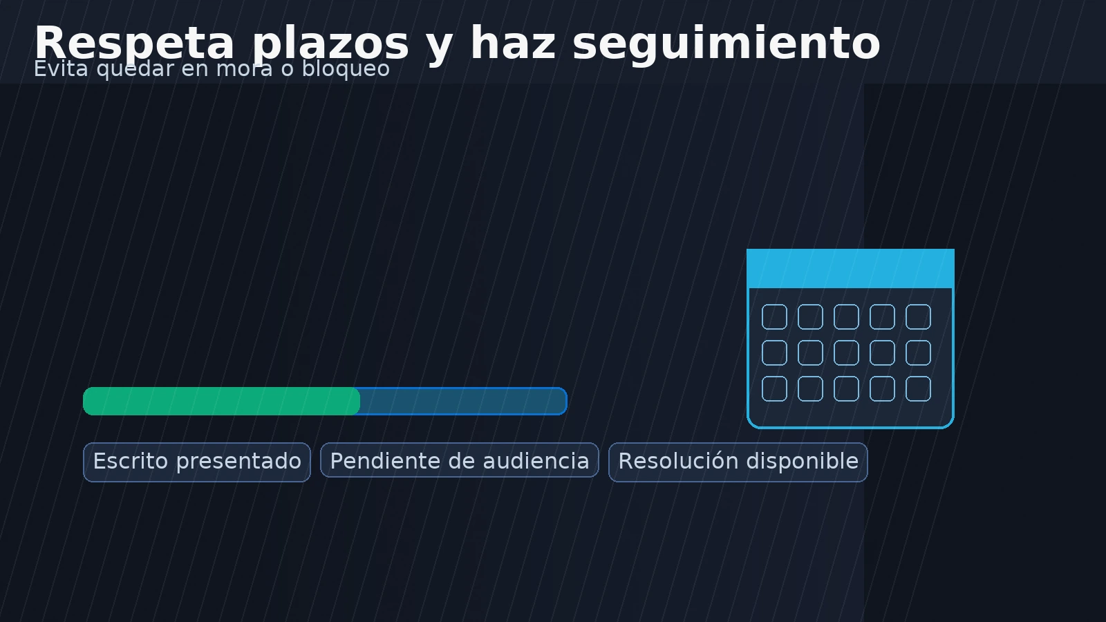 Respeta plazos legales y haz seguimiento del expediente para evitar mora o bloqueos