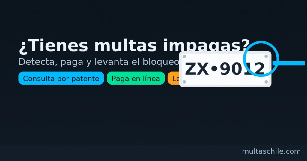 ¿Tienes multas impagas? Banner oscuro con lupa sobre patente ZX-9012 y texto “Detecta, paga y levanta el bloqueo del permiso