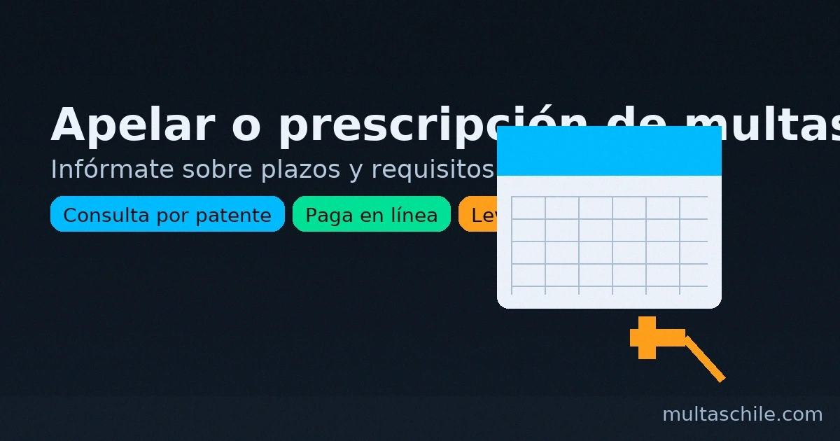Apelar o prescripción de multas: calendario y mazo judicial, fondo oscuro de alto contraste.