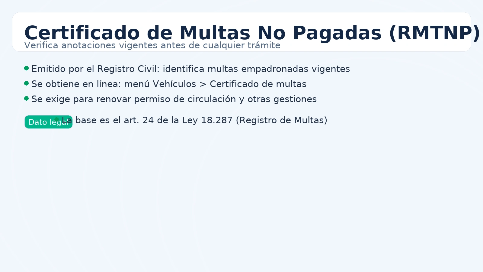 Certificado de Multas de Tránsito No Pagadas (RMTNP) del Registro Civil: se obtiene en línea y se exige para permiso de circulación; base legal art. 24 Ley 18.287.