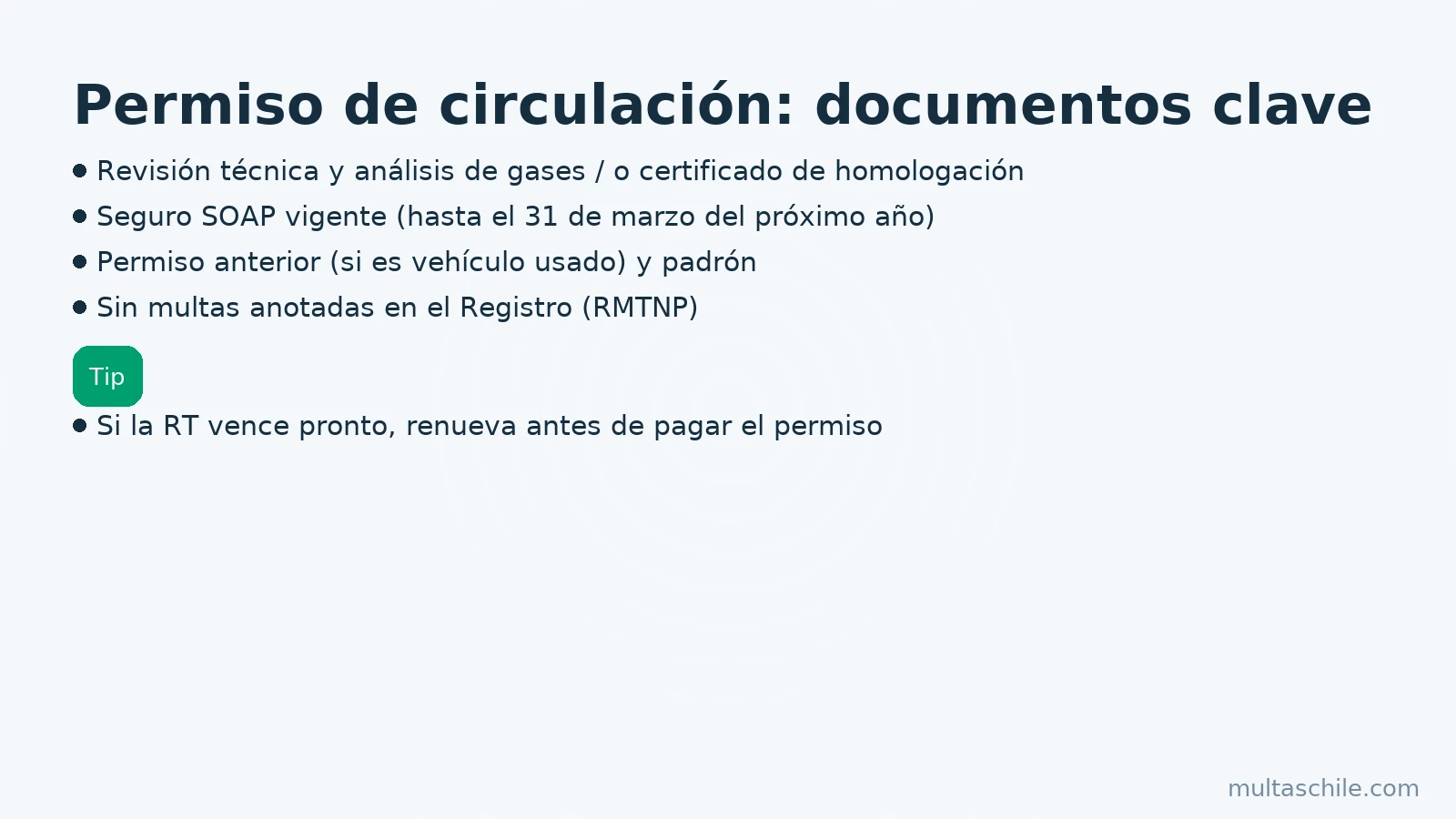 Documentos para permiso de circulación: revisión técnica/gases u homologación, SOAP, padrón y sin multas – multaschile.com