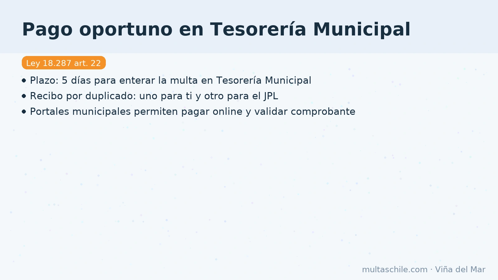 Pago oportuno en Tesorería Municipal de Viña del Mar: plazo 5 días y recibo por duplicado según art. 22 de la Ley 18.287 – multaschile.com