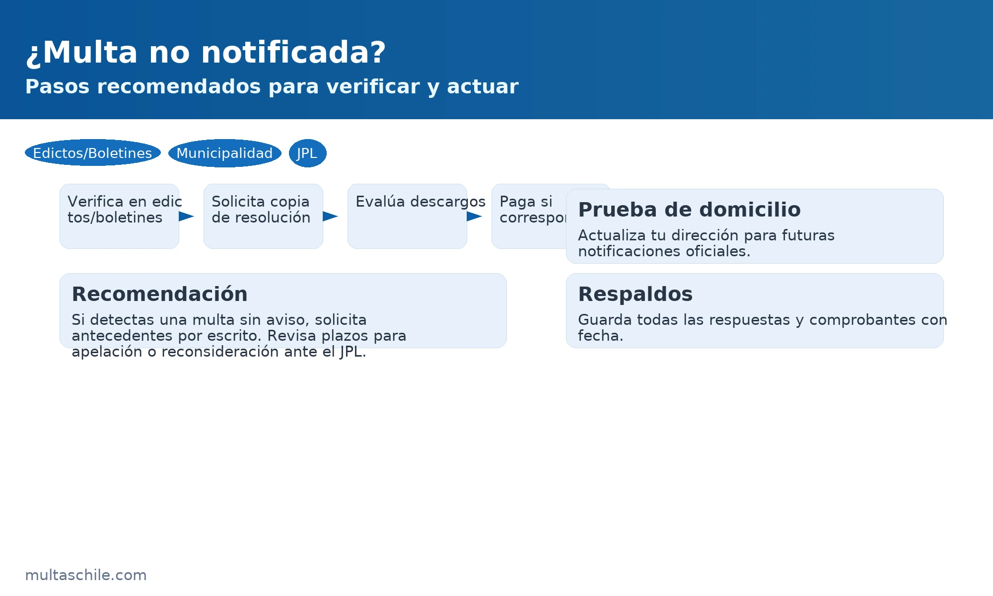 Multa no notificada en Chile: verifica edictos/boletines, solicita copia de resolución, descargos o pago según corresponda — multaschile.com