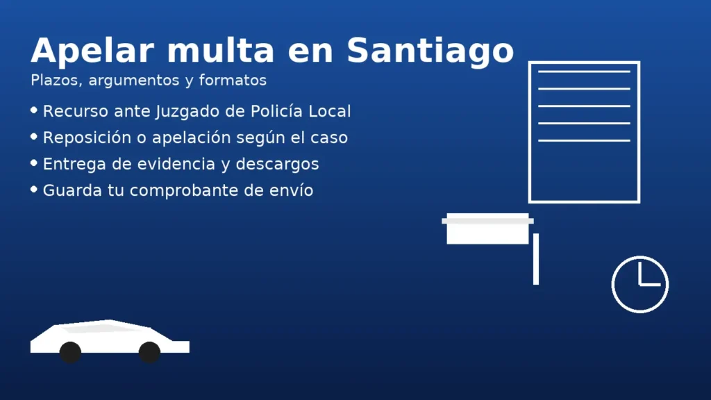 Apelar multa en Santiago: plazos, argumentos y formatos — guía con gavel, reloj, documento y auto